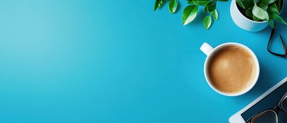 Top view of office desk with coffee cup, plant, tablet, and glasses on a vibrant blue background. Perfect for business or creative workspace themes.