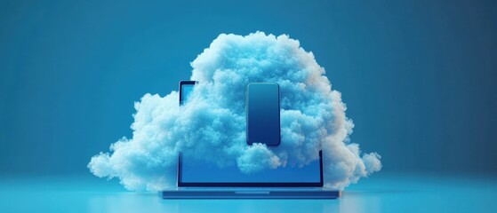 Wall Mural - Close-up of a cloud icon with a laptop and clock, 3D Blender Style, representing remote work and work-life balance on a blue background.