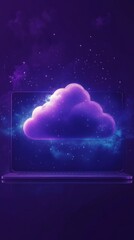 Wall Mural - Close-up of a cloud icon with a laptop and clock, 3D Blender Style, representing remote work and work-life balance on a blue background.