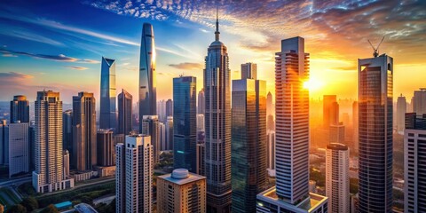 Fototapete - Cityscape view of skyscrapers at sunset, city, urban, skyline, buildings, architecture, modern, high-rise