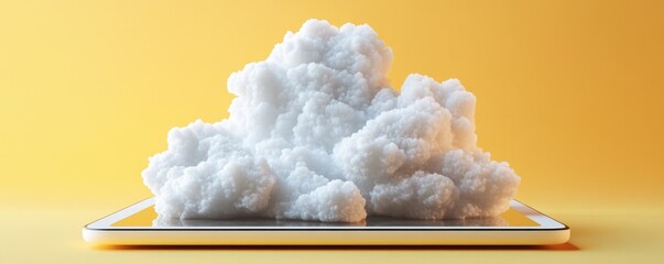 Wall Mural - Close-up of a cloud icon with a house and laptop, in 3D Blender Style, on an orange background, emphasizing remote work-life balance.