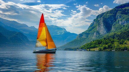 Wall Mural - A sailboat with a colorful sail is on a lake with mountains in the background.