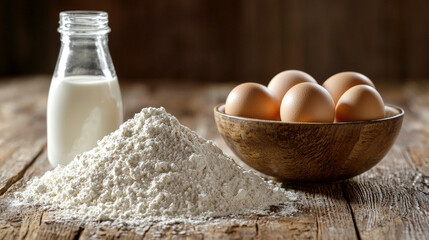 Mixing fresh eggs with flour and milk for baking