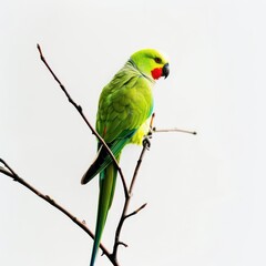 Emerald Elegance: A solitary green parrot, adorned with a splash of red, finds perfect poise on a bare branch against a stark white backdrop. 