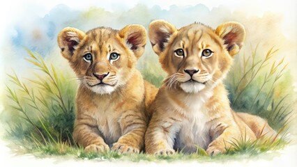 cute watercolor of lion baby siblings in the wild , lions, babies, siblings, wildlife, animals, cute