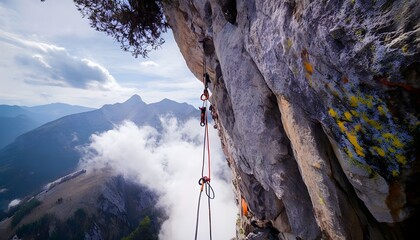 Rope hanging from mountain rock cliff edge extreme outdoor climbing sport safety risk activity