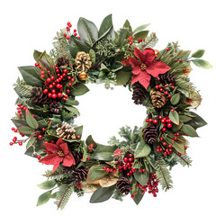 Wall Mural - [transparent background png]christmas wreath with red berries and pine cones