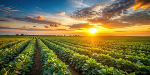 Poster - Soybean field on farm at sunset , Green sprout, soy, agriculture, fertile soil, growth, sunset, farm, field, crop
