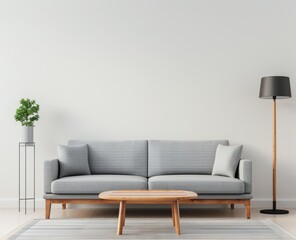 style living room, gray sofa with three seats and coffee table in front of it, white walls behind the wall