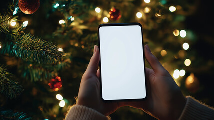 Wall Mural - A smartphone held by hands with a blank white screen against a glowing Christmas tree background. Ideal for app mockups or holiday-themed promotions.