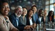 © hassan - Conference table scene, diverse business people smiling, cinematic lighting, sharp focus, professional color grading.