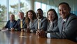 © hassan - Conference table scene with smiling diverse business team, cinematic lighting, professional color grading, sharp focus.