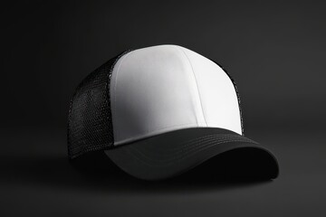 A black and white trucker hat with a mesh back sits on a black background.