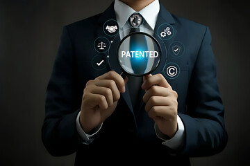 Patented Concept. Patented patent copyright law business technology, Businessman holding magnifying glass focused on word 