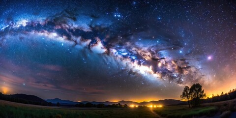 Wall Mural - starry night sky with milky way galaxy, long exposure photograph with grain , universe, space, stars