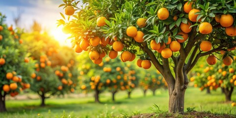Poster - Mature orange tree with ripe fruit in an orchard, citrus, harvest, agriculture, sunny, fresh, organic, grove, branches