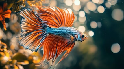 Colorful betta fish swimming in a vibrant underwater garden