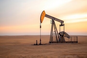 An oil pump jack operates in a vast desert landscape during a beautiful sunset, highlighting energy extraction.