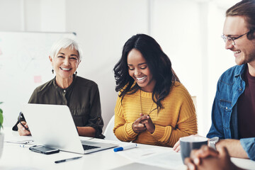 Poster - Creative, business people and happy in office with laptop for project management, client brief and brainstorming. Copywriting team, diversity and internet for draft review, proofreading and editing.