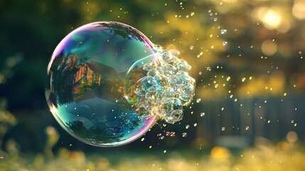 Wall Mural - a large bubble floating with smaller bubbles and water droplets around it.