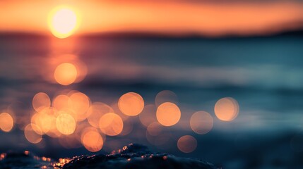 Sticker - A blurry sunset over the ocean with the sun's reflection creating bokeh circles on the water.