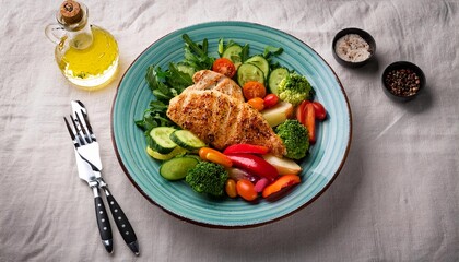 healthy lunch - plate with vegetable and chicken dish - on table (diet), top view