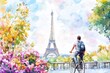 © Aygul Bulté - Frenchman rides a bicycle in Paris at summer time, the Eiffel Tower and flowers on background, watercolor illustration with copy space.