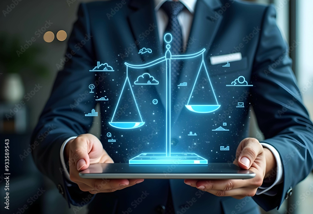 A man wearing a business suit holding a tablet with holographic icons ...