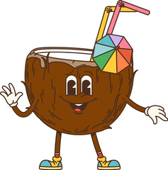 Poster - Cartoon retro groovy coconut cocktail character, vector funny comic in 70s art. Groovy funky cocktail drink or coconut juice with happy face and rainbow umbrella for summer vacations groovy character