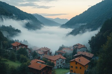 Poster - Foggy Mountain Village with Houses and Lush Greenery