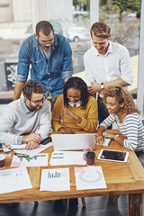 Poster - Team, happy or laptop in office for meeting, budget planning or business strategy. Top view, people or finance documents at tech for research analysis, feedback or smile for creative startup review