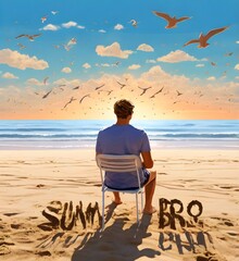 A man chilling in sand on beach in background there is sea, sky and birds. We can also see the hot sun in the sky. Heading line is 'Summer is coming' and in different big font 'Chill bro' is ... See M