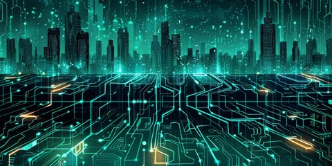 Wall Mural - Futuristic Smart Cyber City illustration: Innovative Urban Landscape, futuristic technology and cyber punk concept, Graphic Resources, Wallpapers, Brochure, Websites, banner, Advertising, background