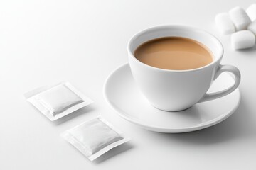 White cup of tea with two sugar packets and marshmallows on a white background.