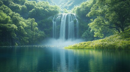 Wall Mural - Serene Waterfall in a Lush Green Forest