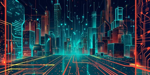 Wall Mural - Futuristic Smart Cyber City illustration: Innovative Urban Landscape, futuristic technology and cyber punk concept, Graphic Resources, Wallpapers, Brochure, Websites, banner, Advertising, background