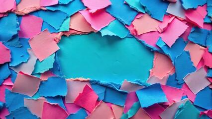 Poster - Colorful torn paper collage with blue and pink pieces , magazine, torn, paper, blue, pink, colorful, collage