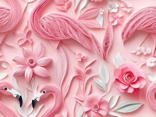 seamless pattern of 3D flamingo bird,  paper quill pattern.	
