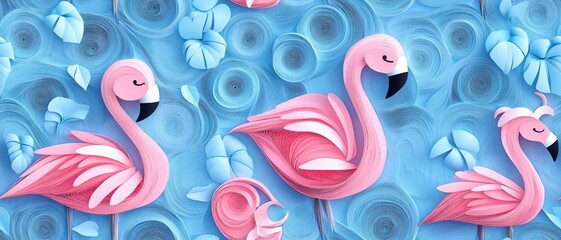 seamless pattern of 3D flamingo bird,  paper quill pattern.	
