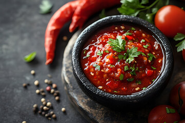 Wall Mural - Bowl of Mexican Tomato salsa sauce commercial advertising photo