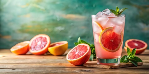 Poster - Refreshing glass of pink lemonade with ice and a slice of grapefruit, perfect for a hot sunny day, drink, beverage, citrus