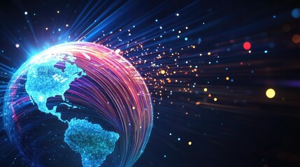 Leinwandbilder - Abstract Earth globe with bright fiber optics wrapping around it, illustrating global data transfer and technology, with room for copy space.