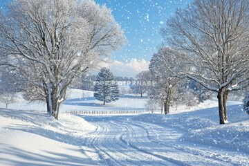 Sticker - Snow-covered trees and a winding path in a snowy landscape