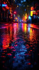 Wall Mural - a wet street with lights and cars in the background. 