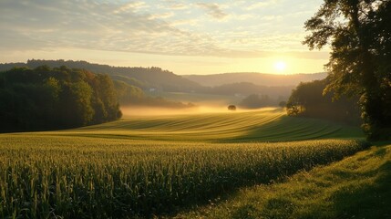 Wall Mural - A field with trees and grass in the distance at sunset, AI