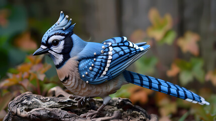 Luxurious blue jay bird with an open tail, full face, jewelry