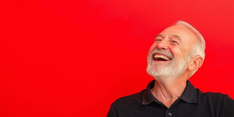 A joyful senior man with a beard laughing heartily against a vibrant red background. Perfect for concepts of happiness, positive aging, and senior lifestyle.