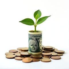 A young plant growing out rolled banknote money with golden coins pile, isolated on white background, saving money concept, financial investment business concept