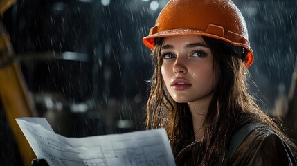 Strikingly beautiful woman in a hard hat, soaked by the rain, her face lit by determination, holding a blueprint, construction site barely visible through the misty downpour