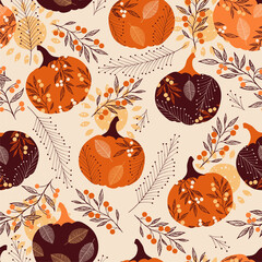 Wall Mural - Seamless pattern of Halloween abstract pumpkins with fall leaves and berries. Perfect for fall, Halloween, holidays, fabric, textile.